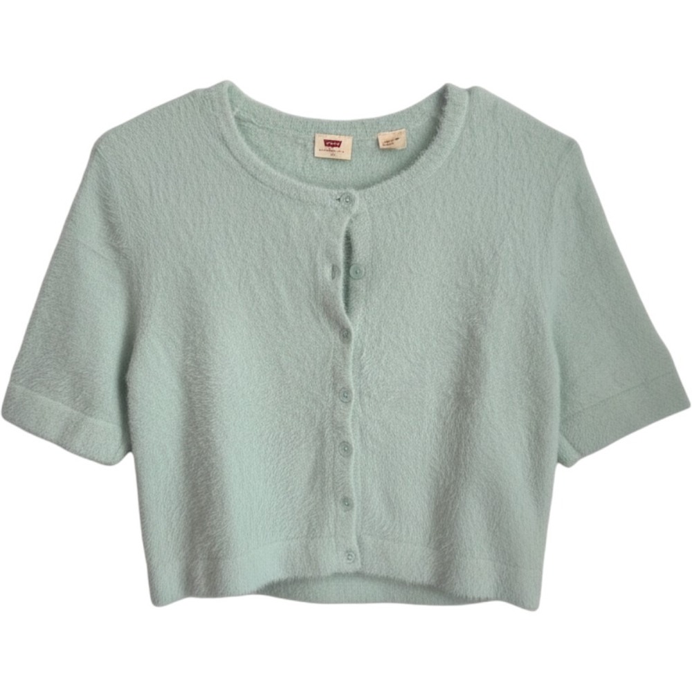 NWT Levi's Sandy Fuzzy Cropped Cardigan Short Sleeve Mint Green Sweater L
